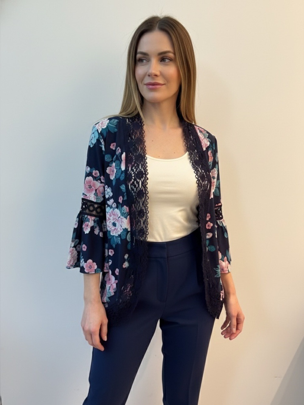 Miss Chievous Floral Lace Trim Bell Sleeve Kimono Cardigan Small NWT